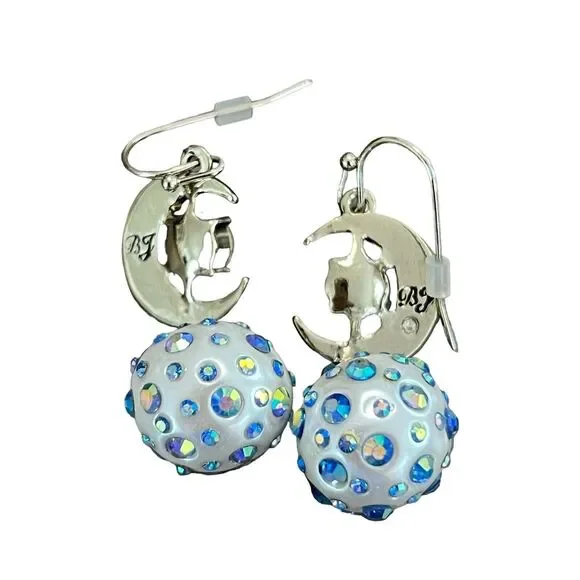 Signed Betsey Johnson Celestial Moon Blue Aurora Borealis Rhinestone Earrings - Picture 3 of 8